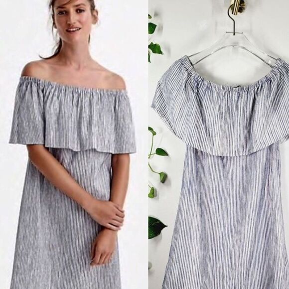 J.Crew Womens Chambray Off the Shoulder Pinstriped Mini Dress Size Small So Cute - Picture 1 of 7